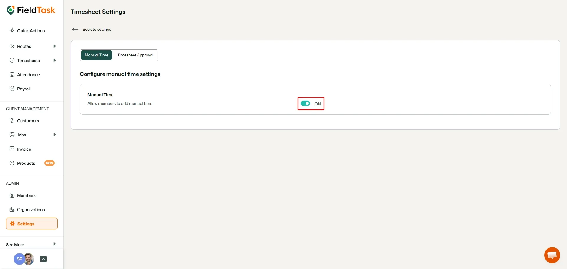 FieldTask manual time settings with toggle enabled