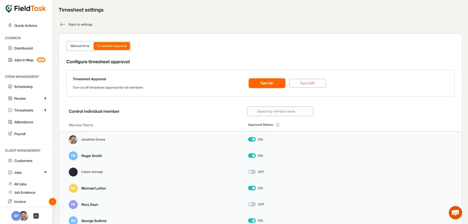 FieldTask timesheet approval settings with member controls