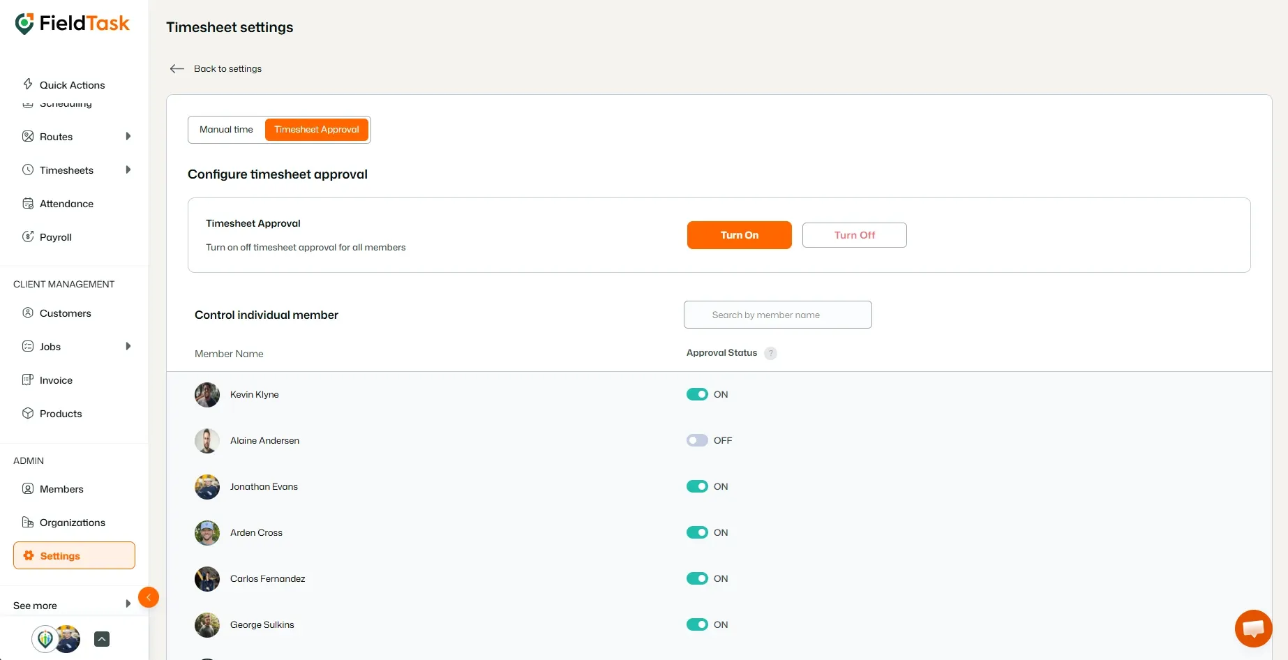 Timesheet settings page showing approval controls and member toggles.