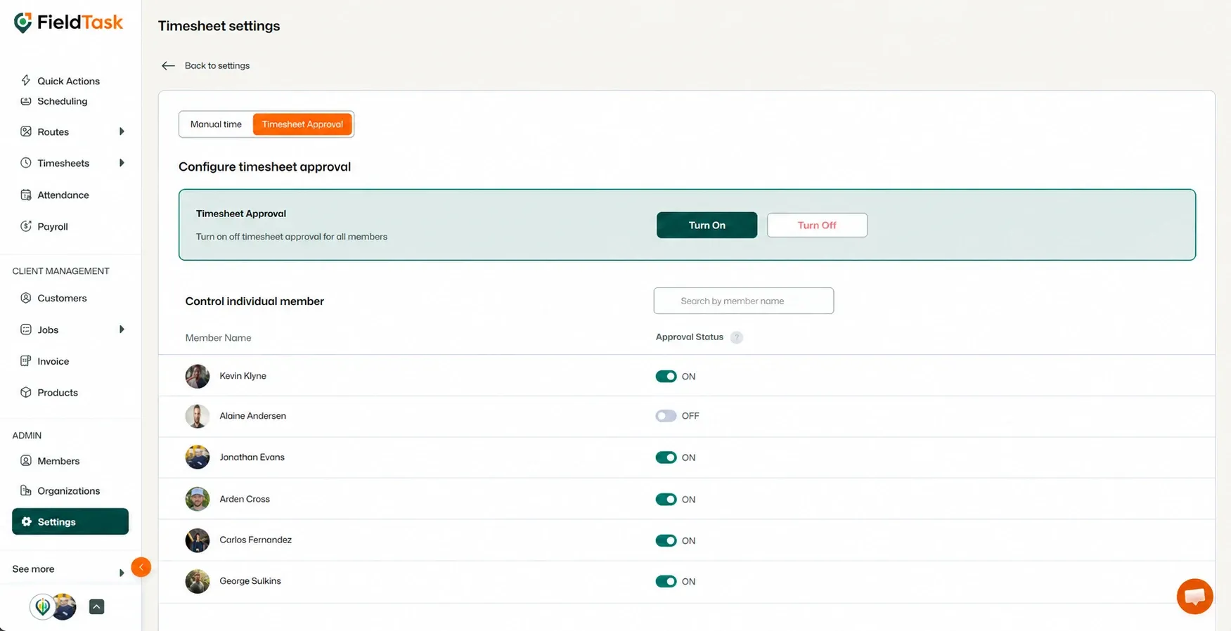 Timesheet approval section highlighted with green controls and toggles.