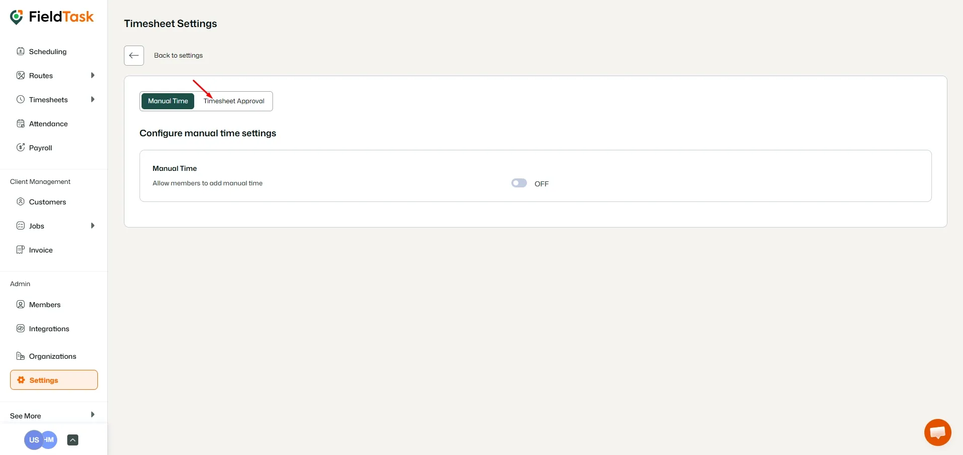 FieldTask TImesheet Settings Page