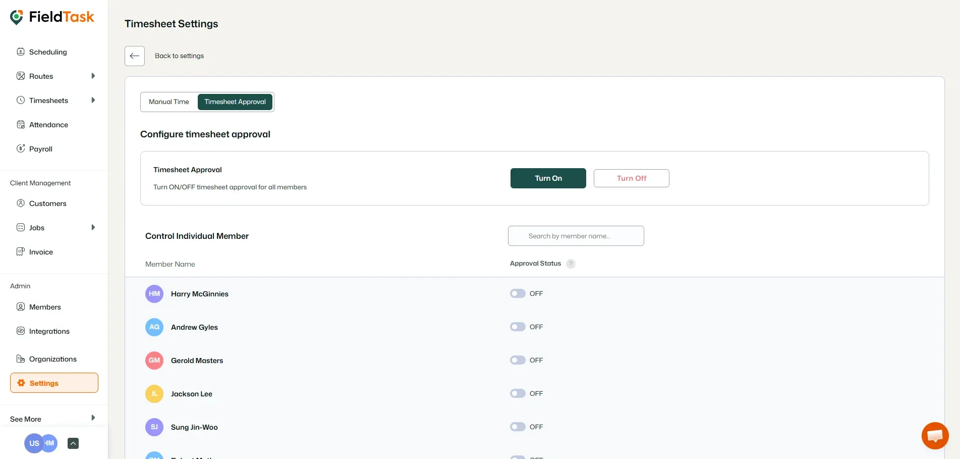 FieldTask TImesheet Settings Page