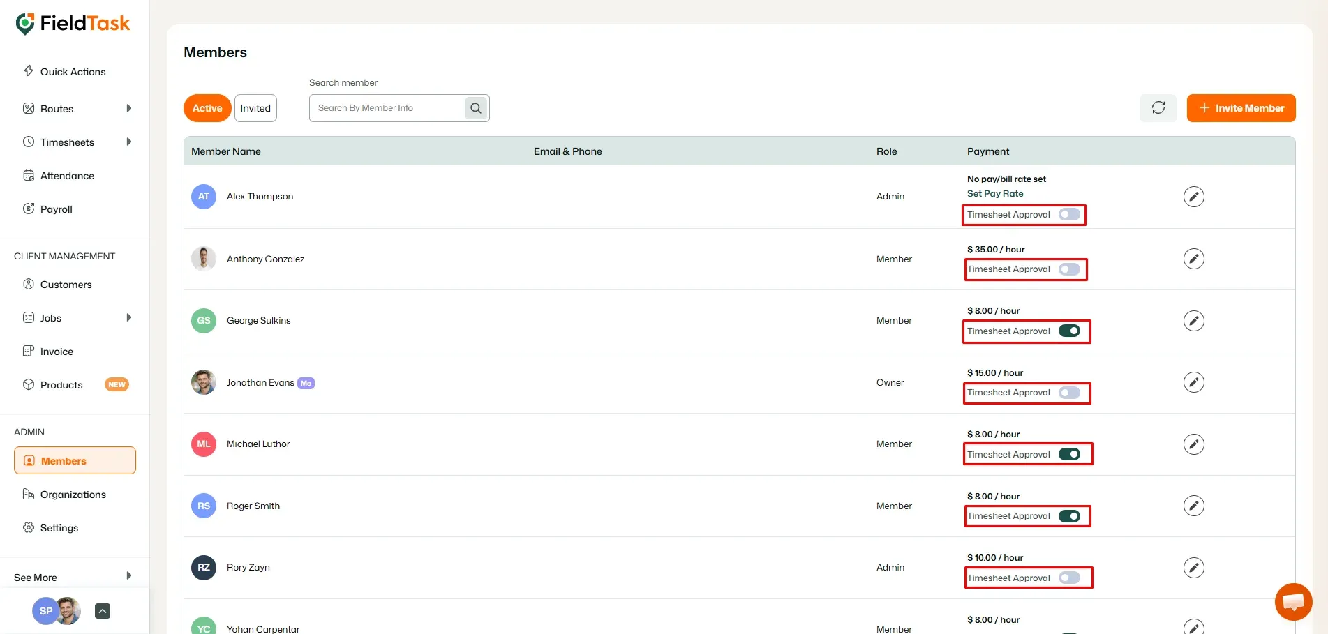 FieldTask members page with timesheet approval toggles