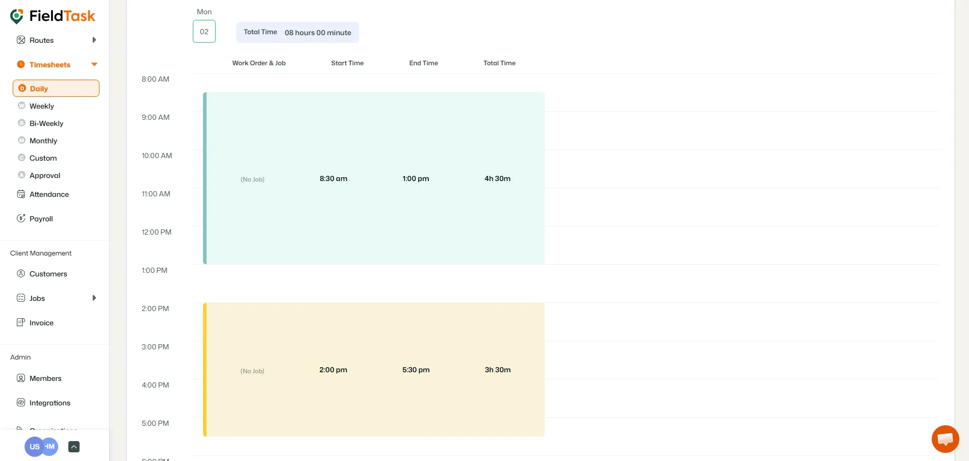 FieldTask Daily Timesheet Page