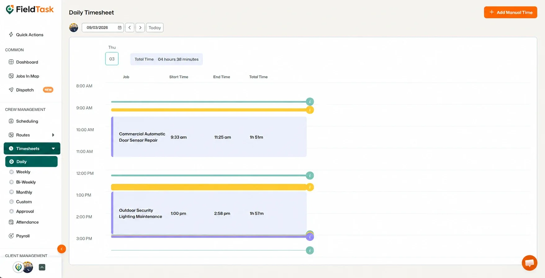Daily timesheet with Timesheets and Daily highlighted in green.