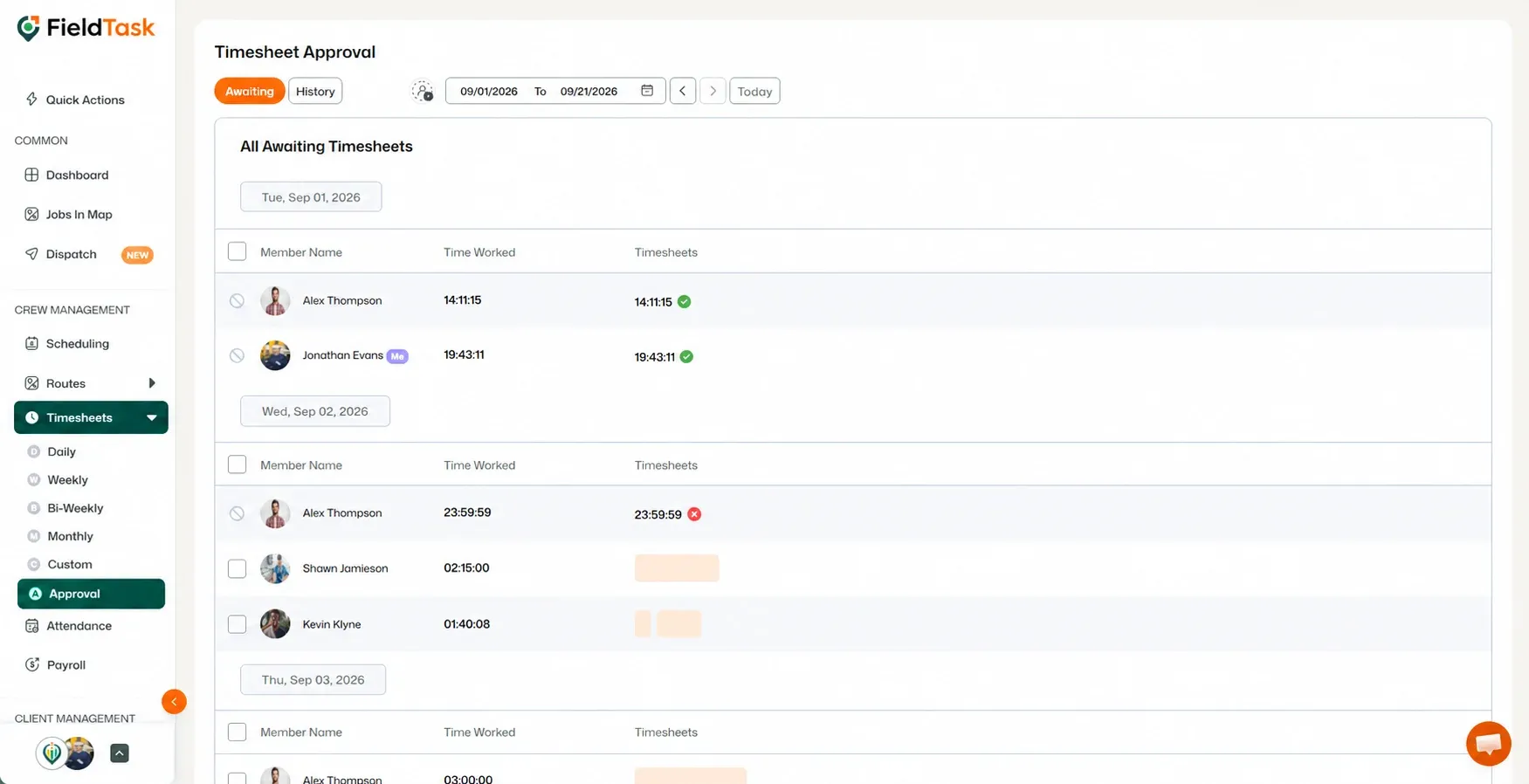 Timesheet approval page with Timesheets and Approval highlighted.