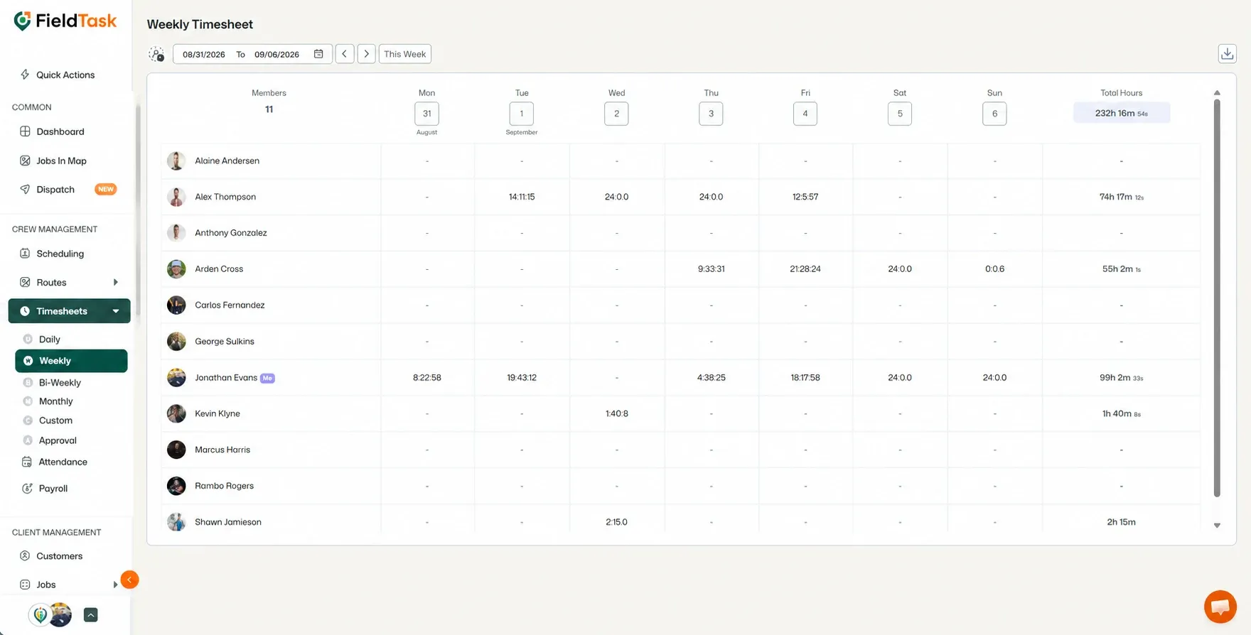 Weekly timesheet with Timesheets and Weekly highlighted in green.