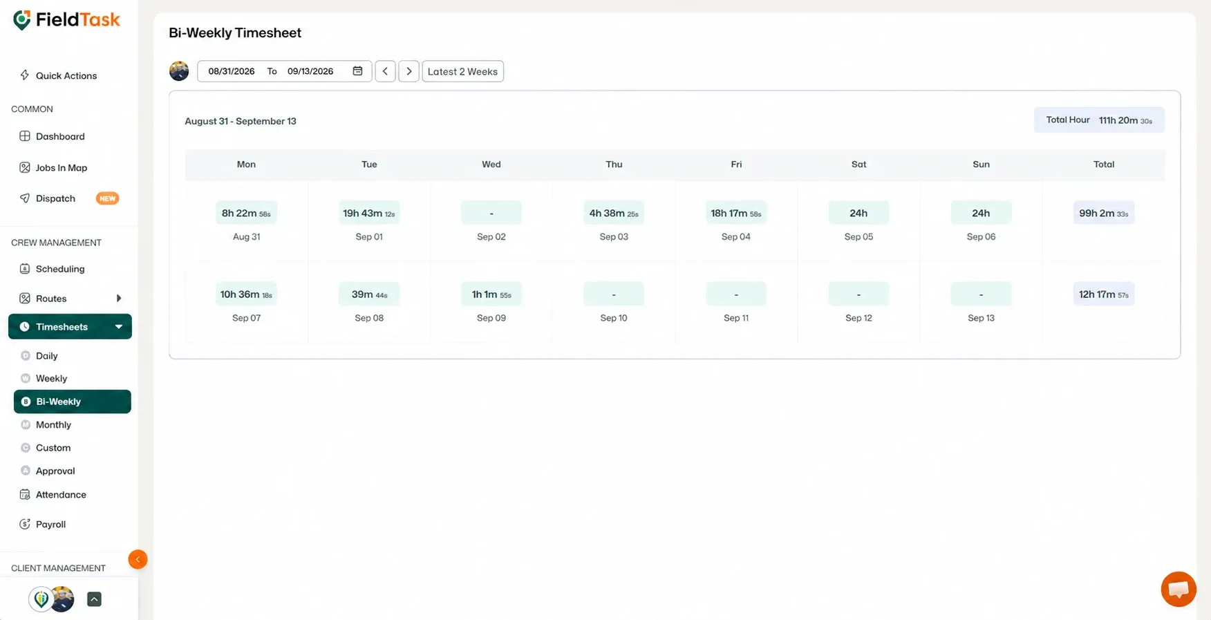 Bi-weekly timesheet with Timesheets and Bi-Weekly highlighted.