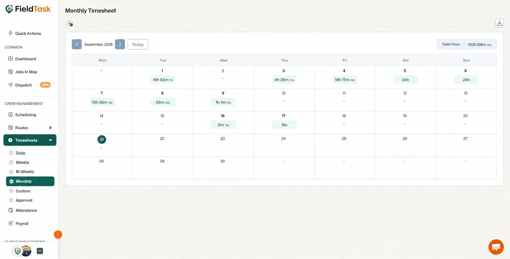Monthly timesheet with Timesheets and Monthly highlighted in green.
