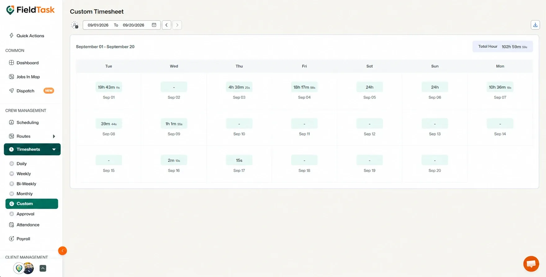 Custom timesheet with Timesheets and Custom highlighted in green.