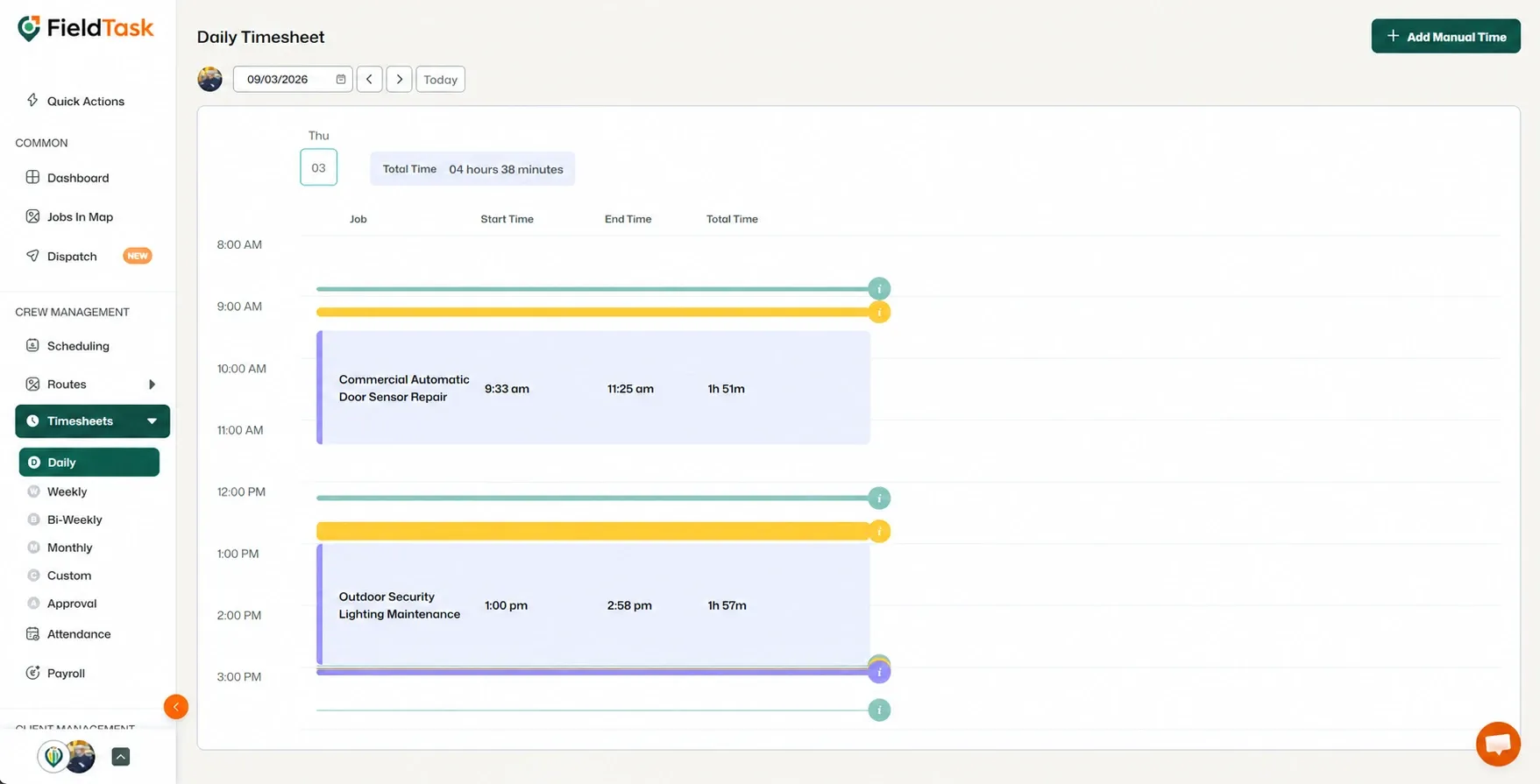 Daily timesheet with sidebar and Add Manual Time highlighted green.