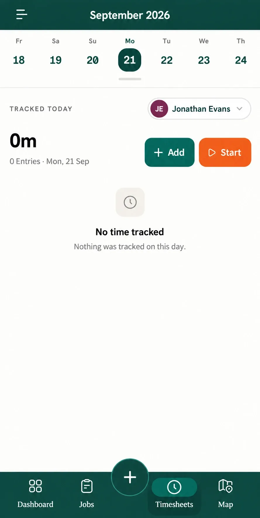 Mobile timesheet screen with Add and Timesheets highlighted green.