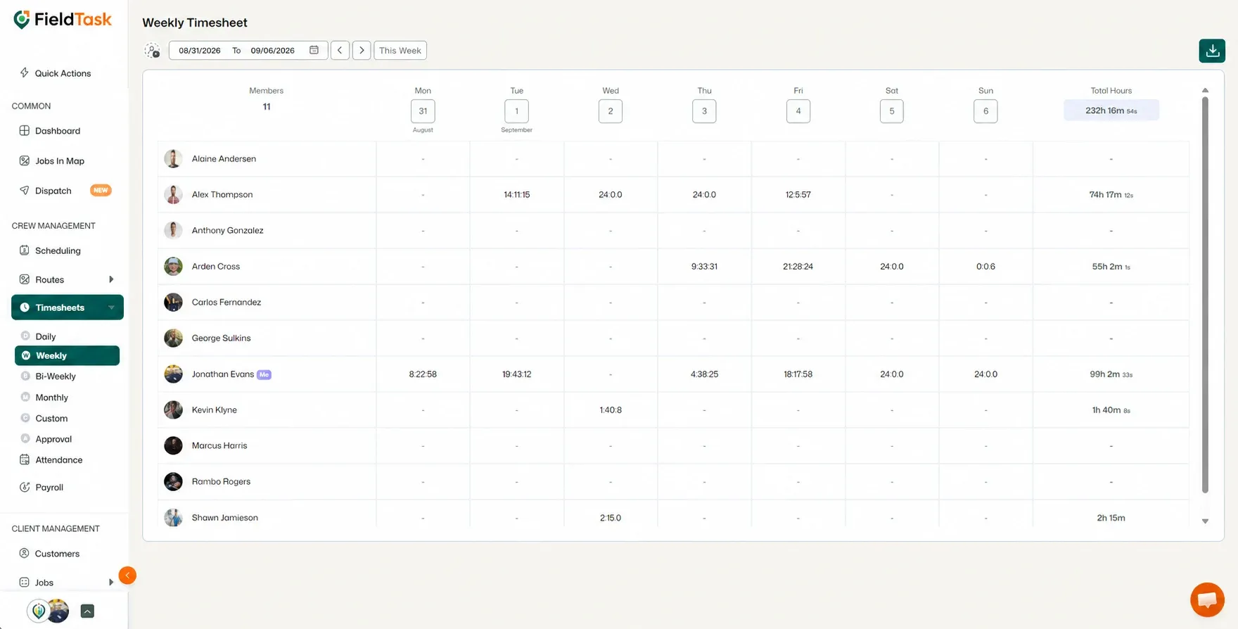 Weekly timesheet with Timesheets, Weekly, and import highlighted.