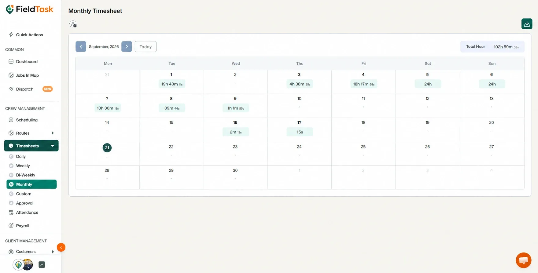 Monthly timesheet with Timesheets, Monthly, and import highlighted.