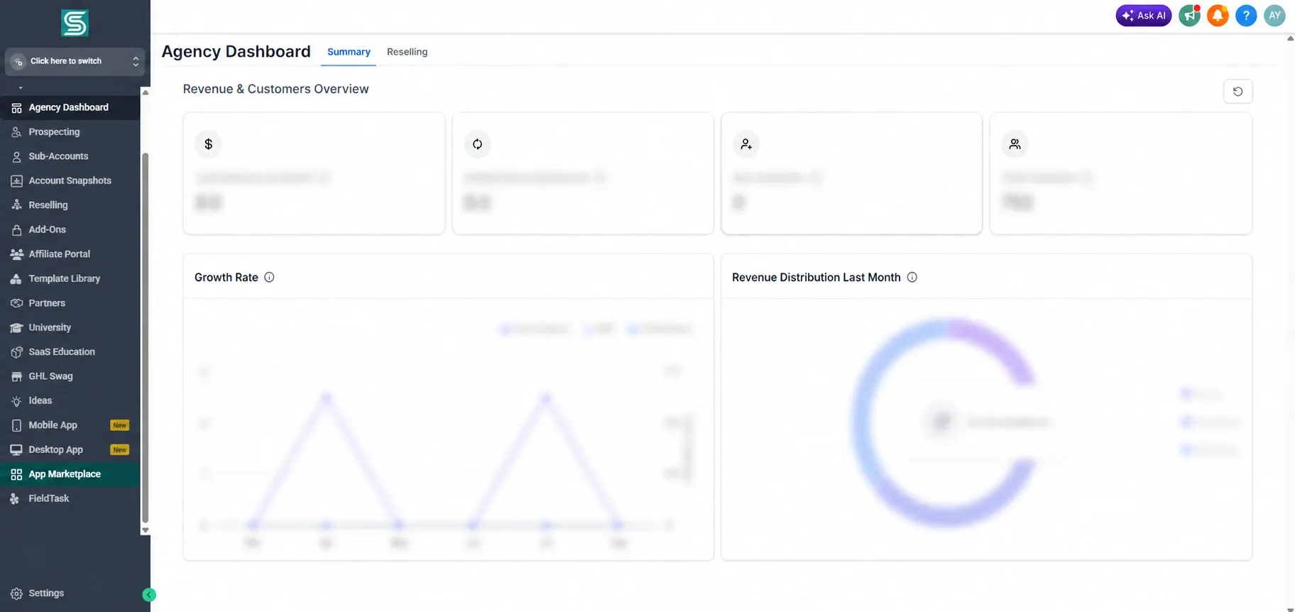 Agency dashboard with App Marketplace highlighted