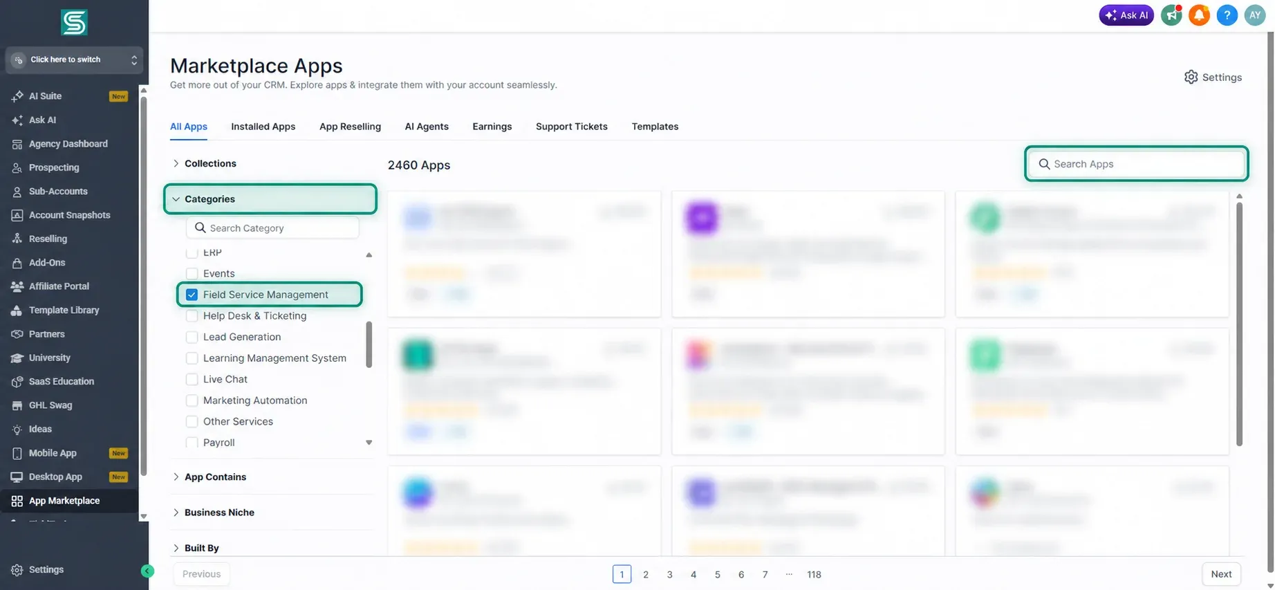 Marketplace apps filtered for field service management