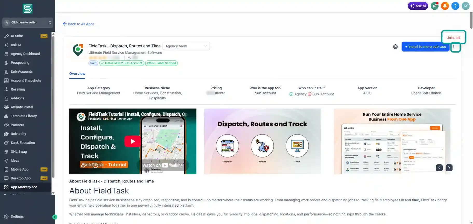 FieldTask app page with uninstall option highlighted