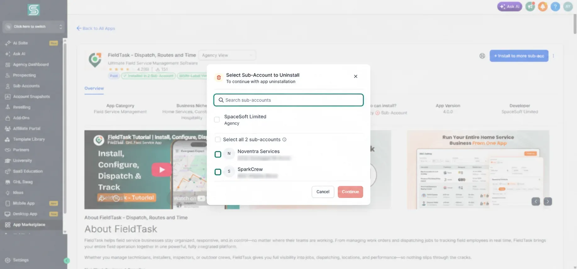Sub-account uninstall search and selection screen