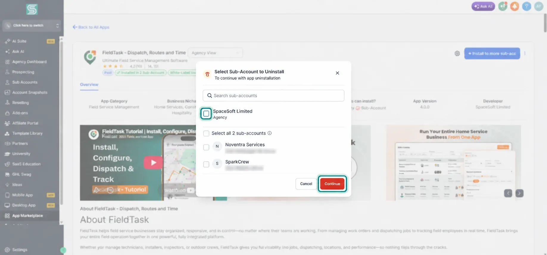 Agency uninstall selection with Continue highlighted