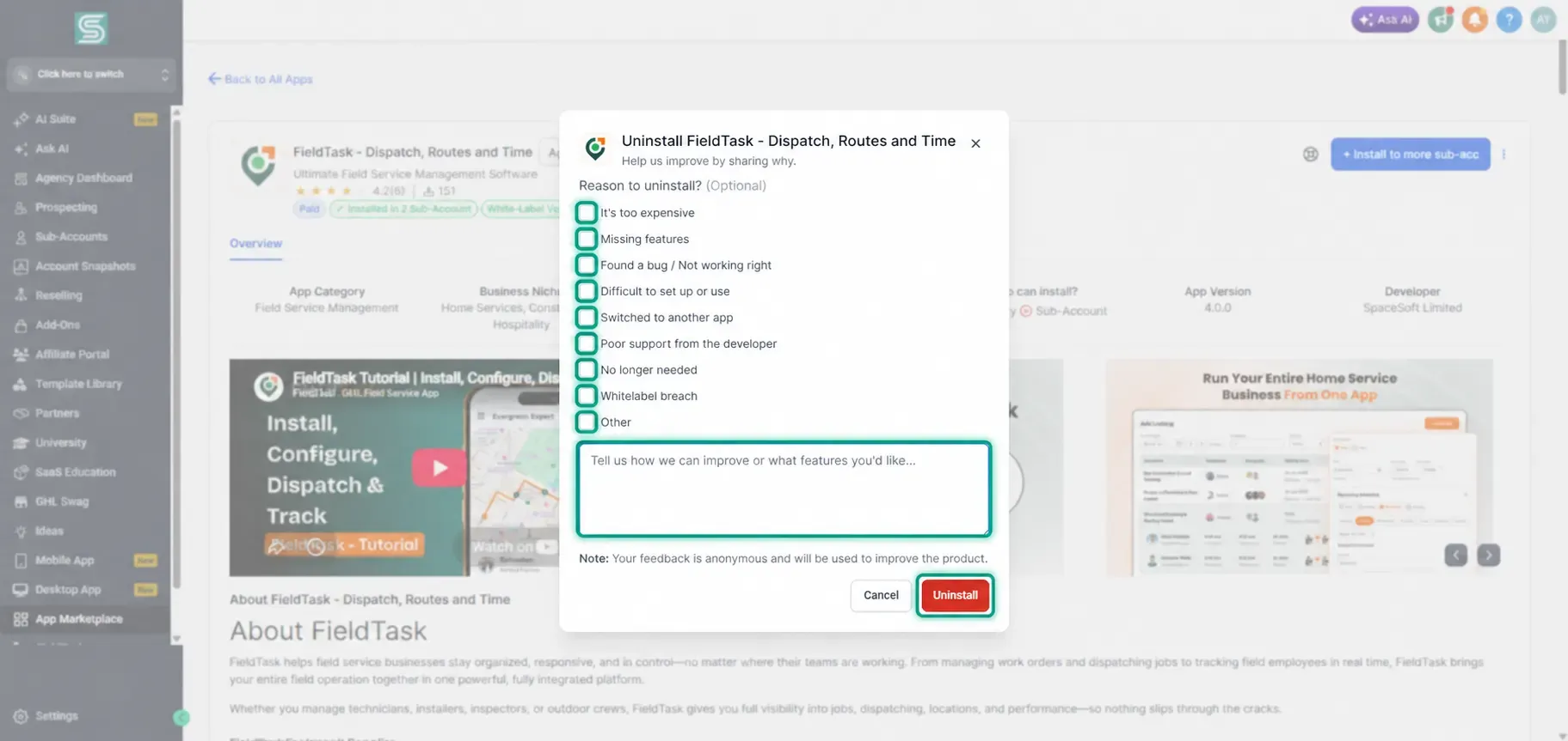Uninstall feedback form with options highlighted