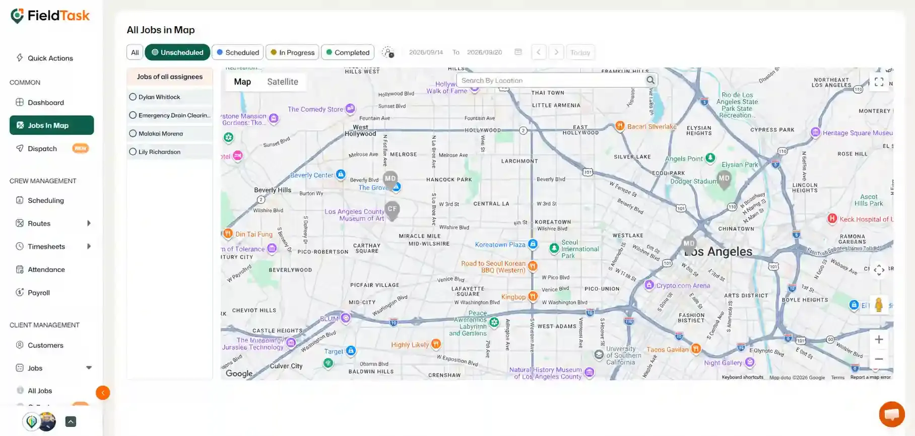 Jobs in Map view with Unscheduled filter highlighted