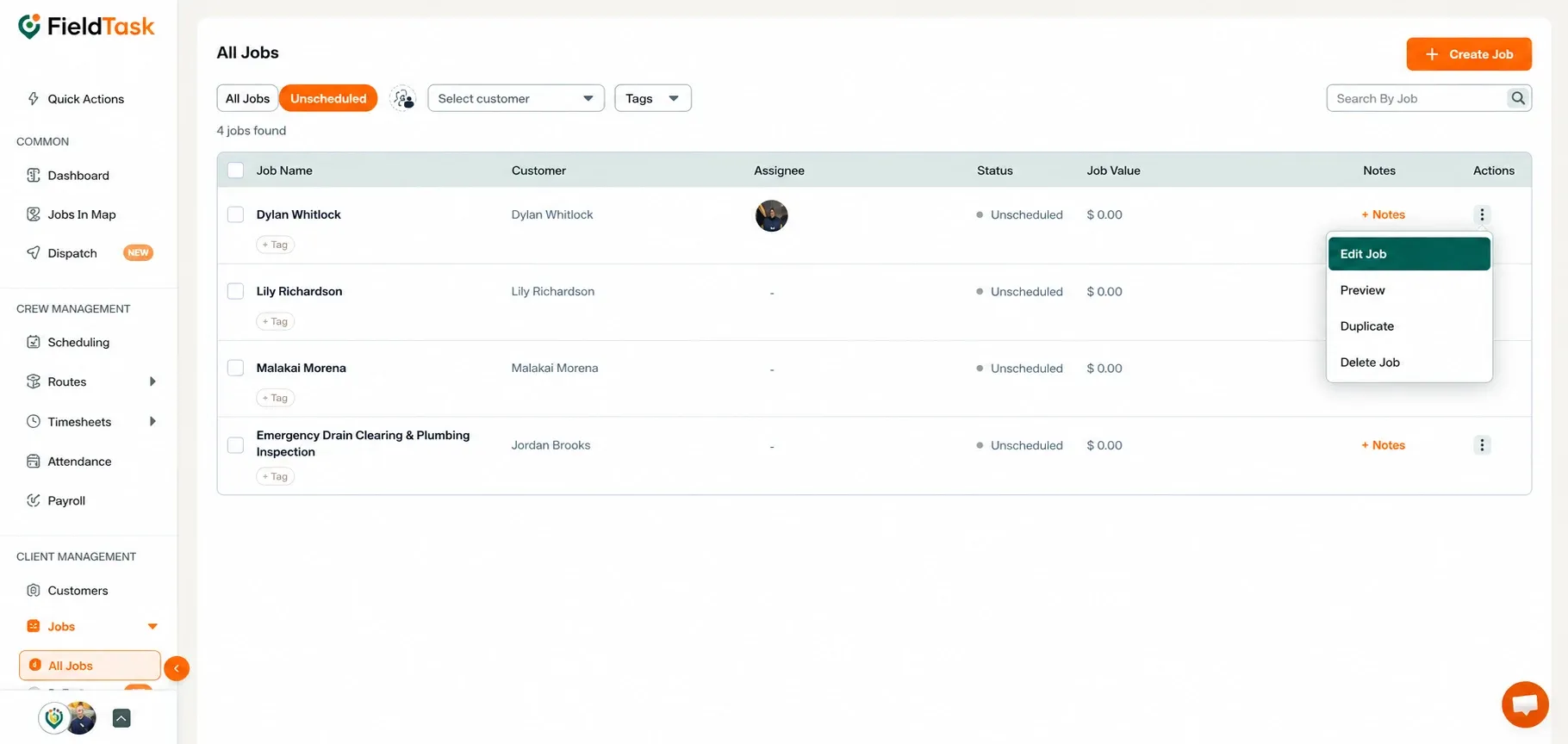 All Jobs actions menu with Edit Job highlighted