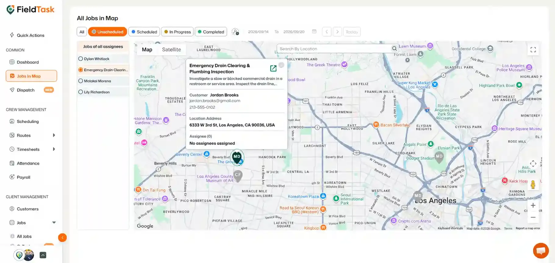 Unscheduled job details popup open on Jobs in Map view