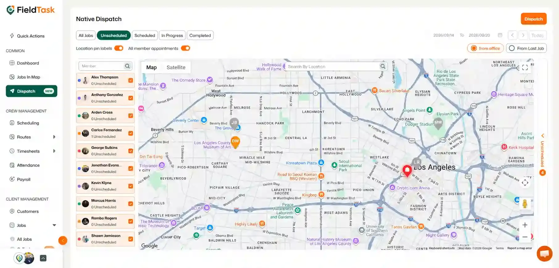 Dispatch page with Unscheduled filter highlighted