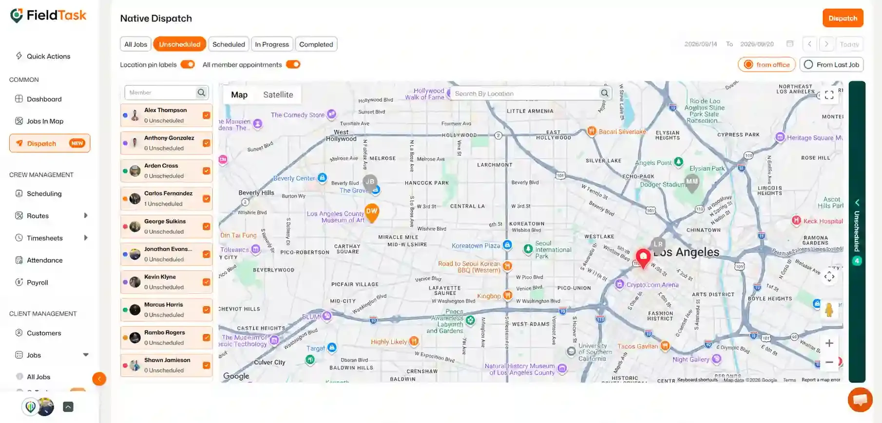Dispatch map with Unscheduled drawer highlighted