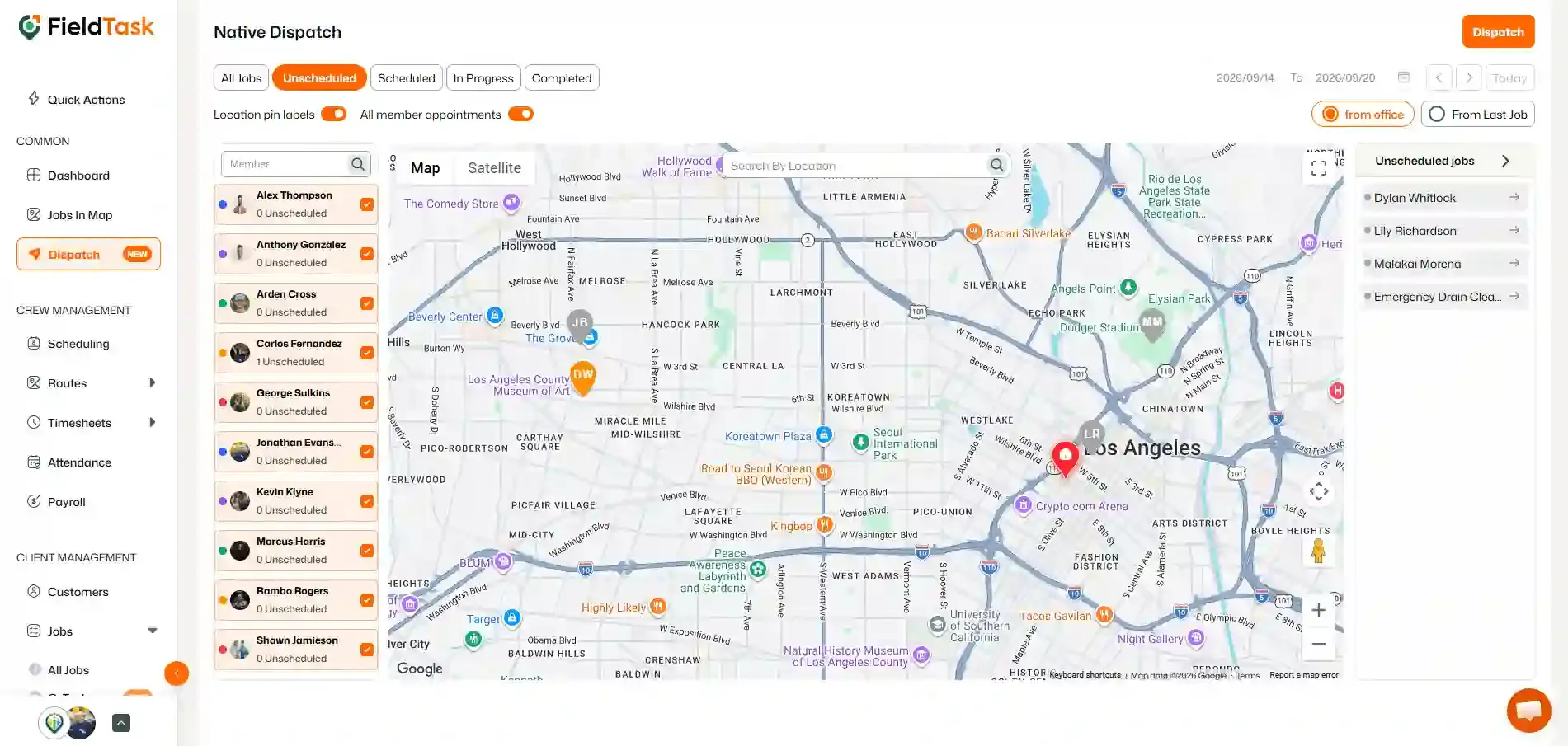 Expanded Unscheduled jobs drawer beside Dispatch map