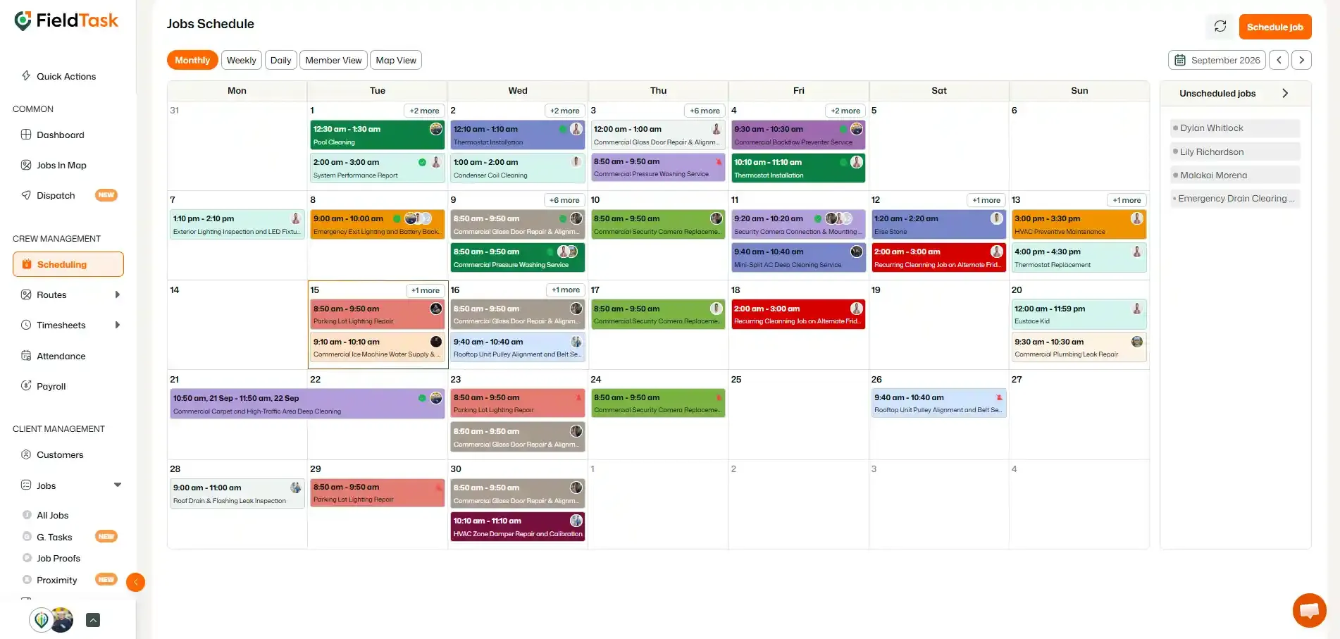 Monthly schedule with Unscheduled jobs drawer open