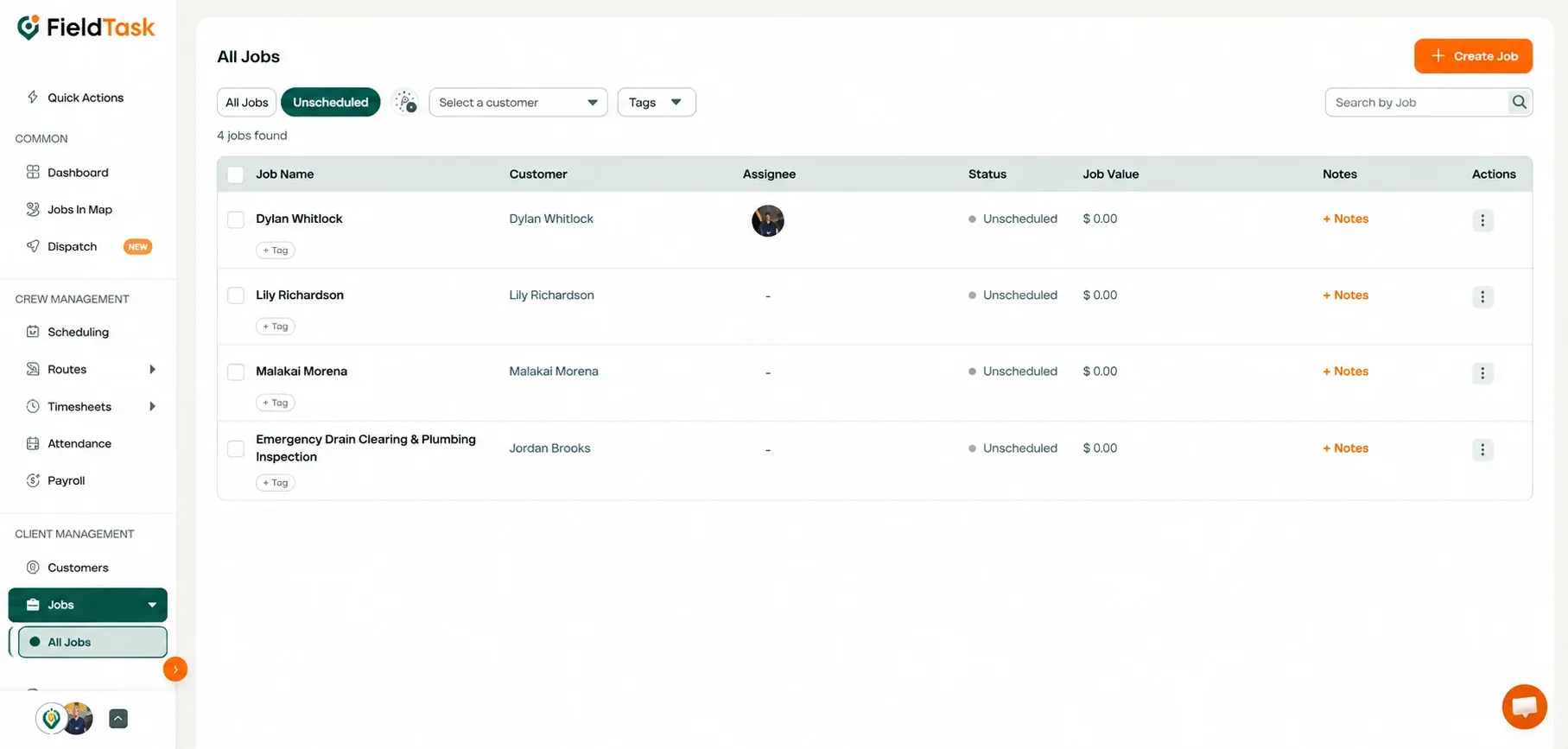 All Jobs page with Unscheduled filter highlighted