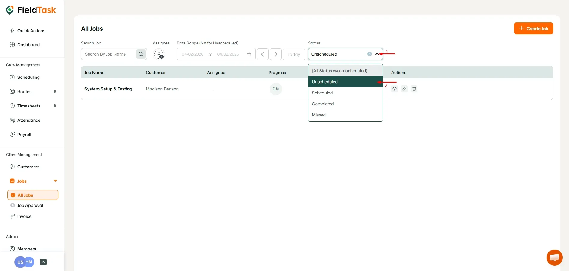 FieldTask All Jobs Unscheduled Page
