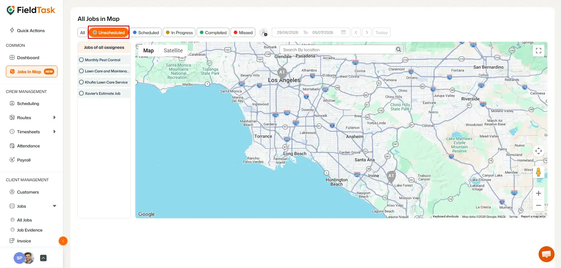 FieldTask Jobs in Map with Unscheduled filter highlighted