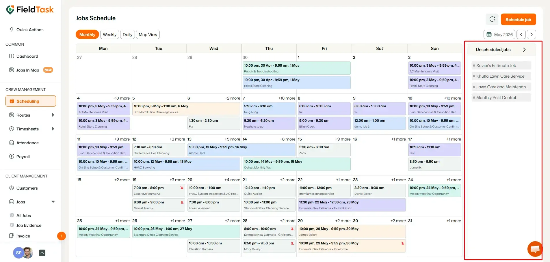 FieldTask schedule with unscheduled jobs panel shown