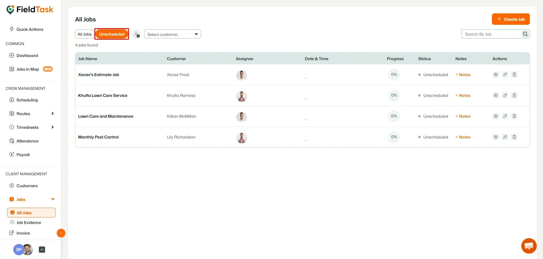 FieldTask All Jobs page with Unscheduled tab selected