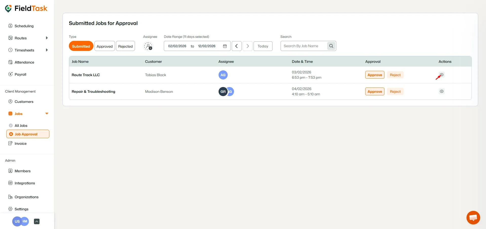 FieldTask Job Approval Page