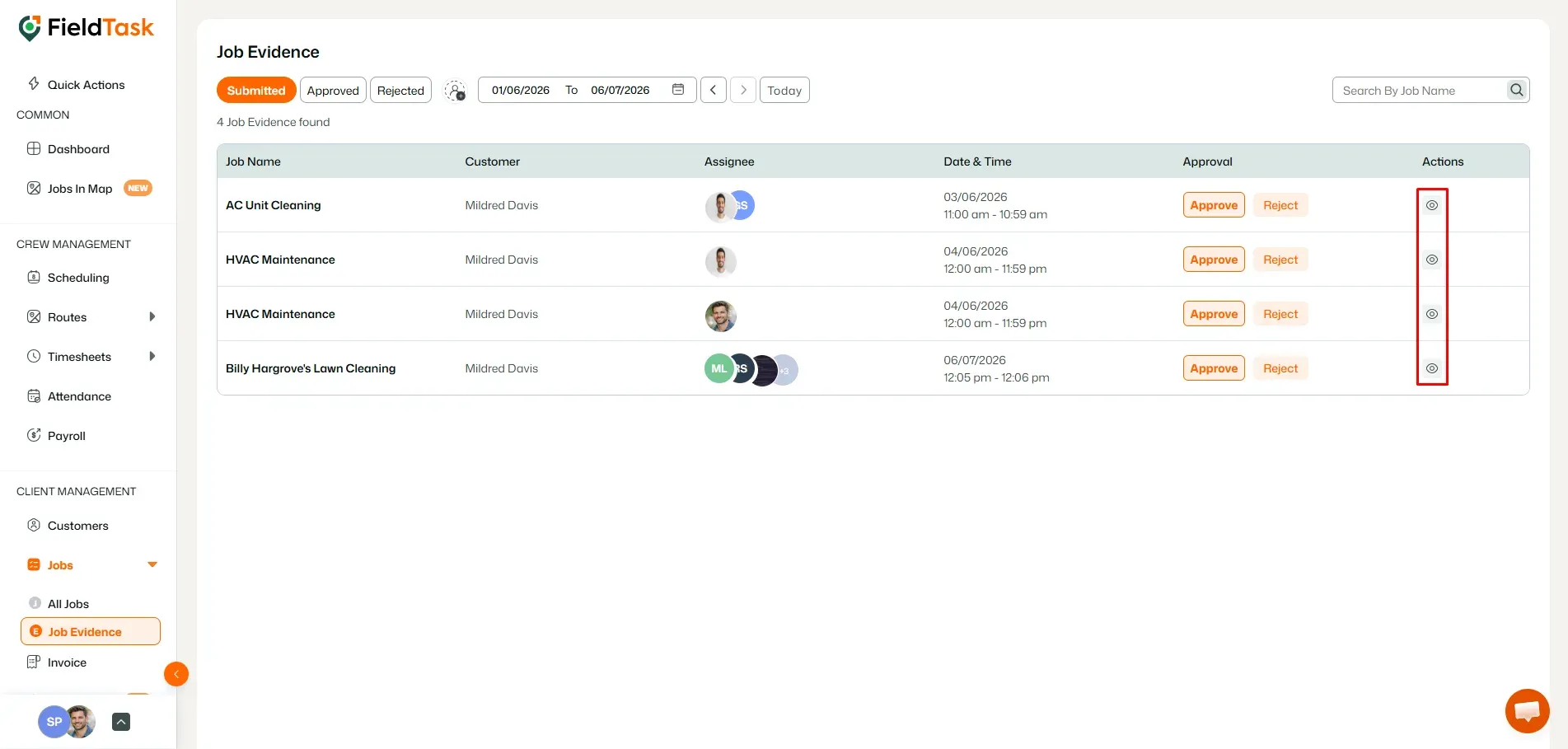 FieldTask job evidence list with view actions highlighted