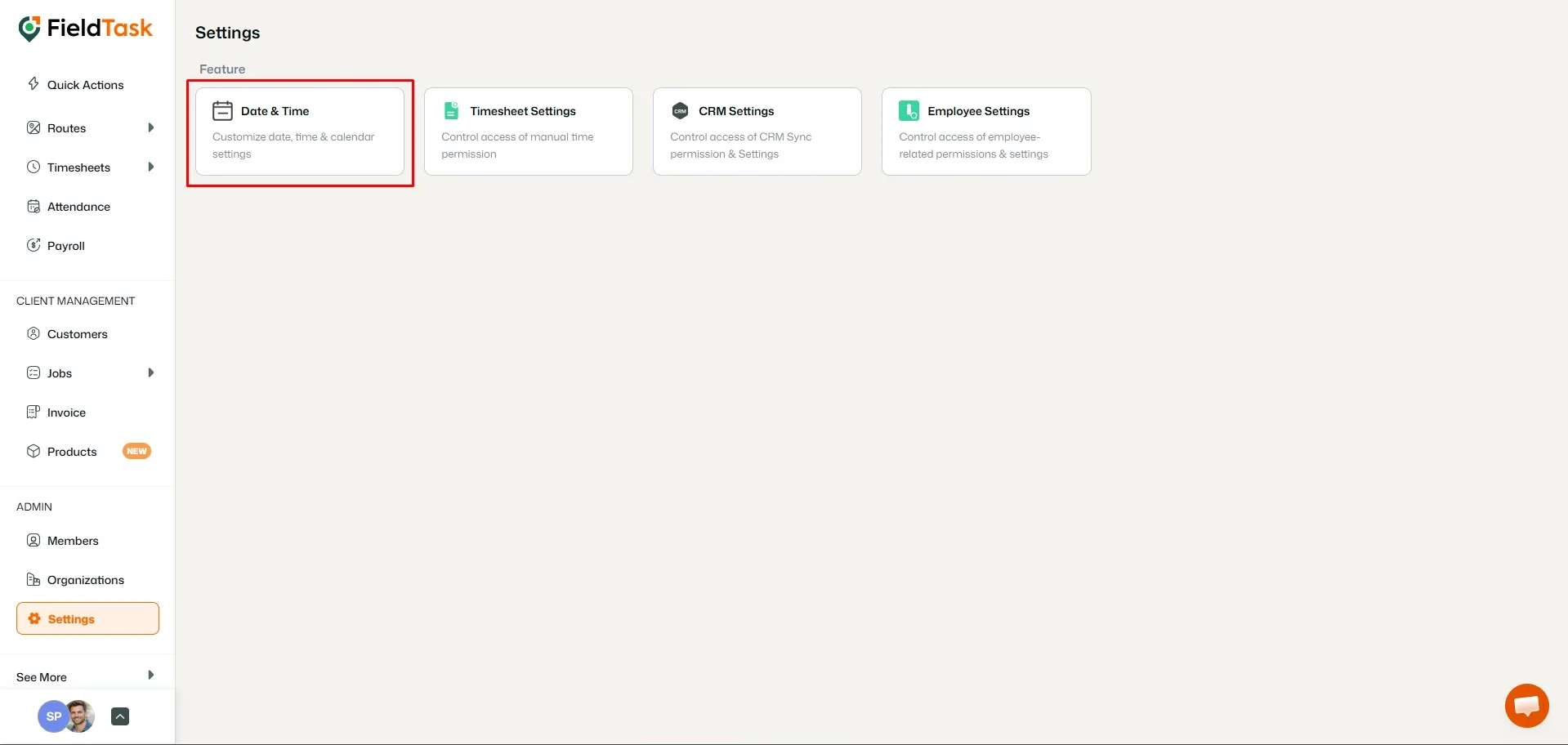 FieldTask Settings page with Date & Time highlighted