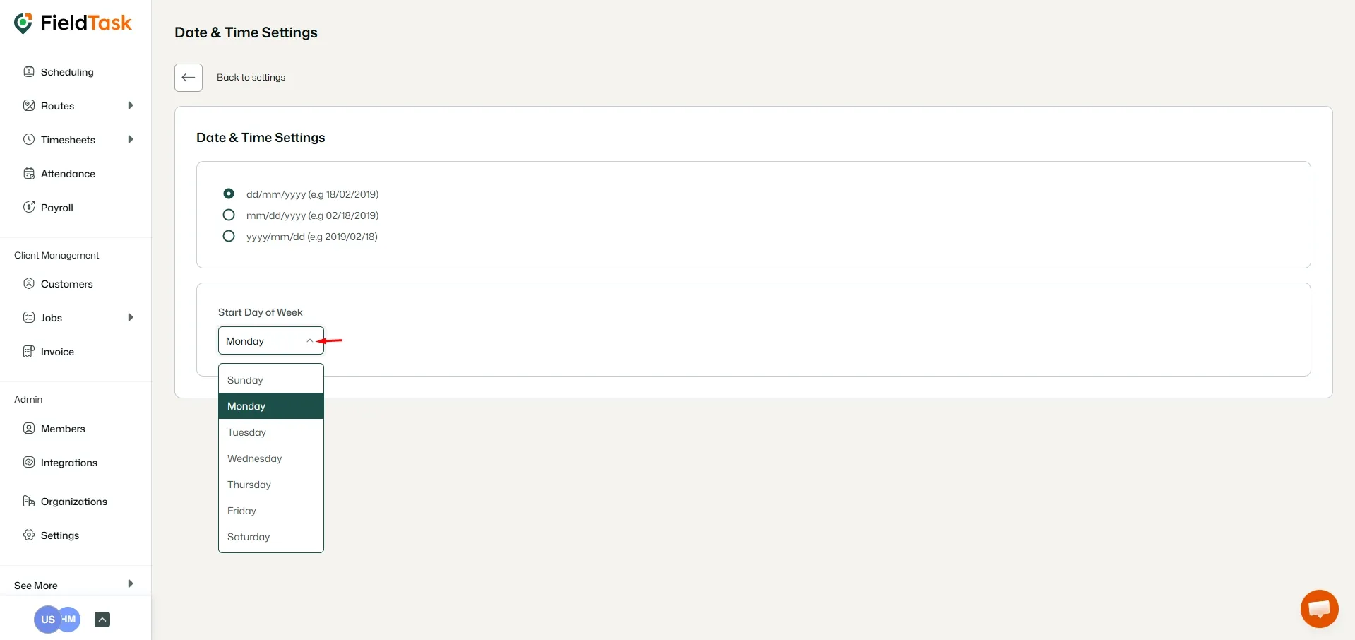 FieldTask Time and Day Settings Page