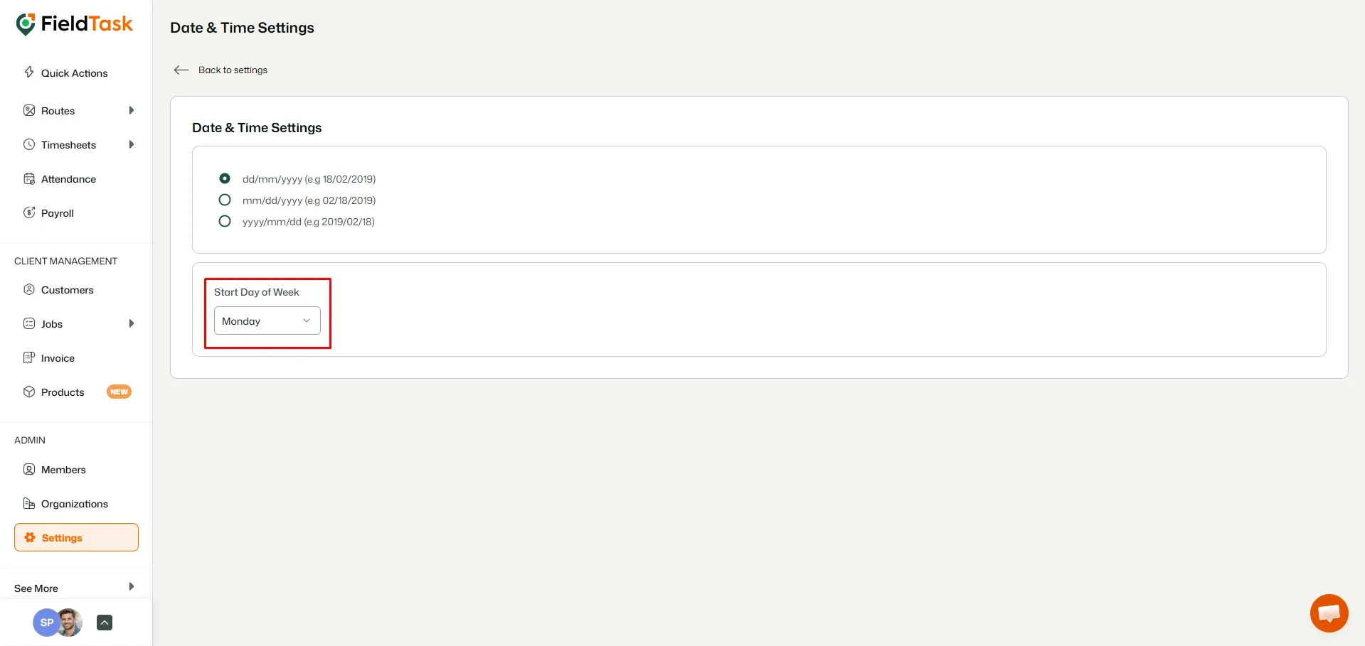 FieldTask Date & Time settings with week start highlighted